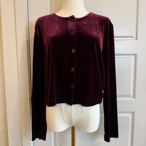 VTG Y2K Focus Studio Crushed Velvet Burgundy Button Up Cropped Cardigan‎ Size XL